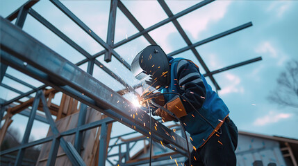 the welder cooks the metal structure of the building
