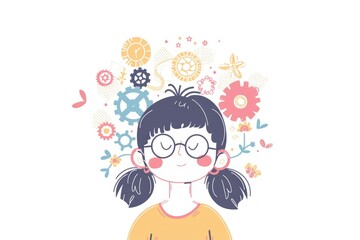 Illustration. child thinks, new thoughts. Ideas. Education. Psychological fatigue. The gears are located above the head. invent