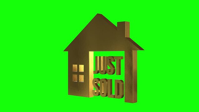 4K Animated video of a 3D house with the words Just Sold Green Screen chroma key - estate agent/real estate management of property sale and purchase Sign.