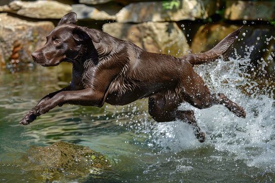 Photo of a running dog. A black, fit dog running on the water, splashes of water flying and glowing from the sun's rays