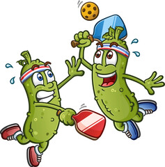 Two Pickle cartoon men participating in an intense pickleball match on the court and leaping into the air and wearing sweat bands and sneakers - 748885502