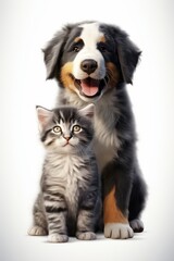 Portrait of a bernese mountain dog and a kitten isolated on white background