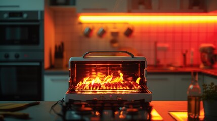 The image captures a toaster oven placed on a kitchen countertop, its open door revealing slices of bread that are being toasted to a golden brown. The heating elements emit an intense orange glow, il - obrazy, fototapety, plakaty