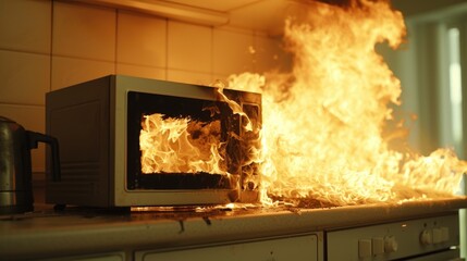 The image captures a dangerous situation in a kitchen where a microwave has caught fire, with flames engulfing the appliance and spreading across the countertop, posing a serious risk of damage to the