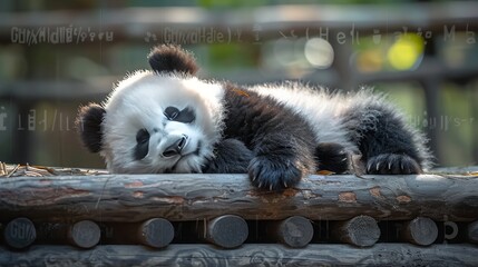 Two-year-old giant panda sleeping on a wooden frame, lying on the ground, cute, Sony picture...