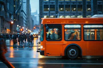 Orange City Bus on Rainy Evening Street
