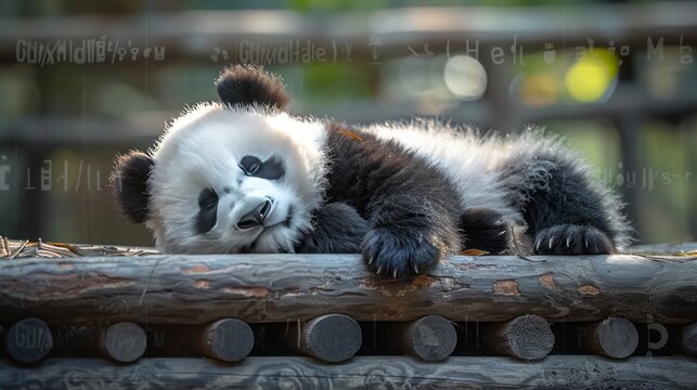 Two-year-old giant panda sleeping on a wooden frame, lying on the ground, cute, Sony picture quality 