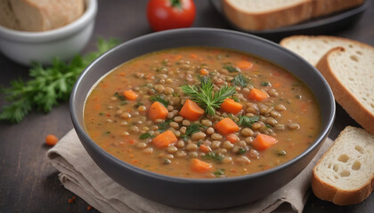 Photo Of Hearty Lentil Soup With Herbs And Bread.