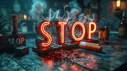 Close-up Of A Cigarette And Wooden Blocks on wooden table. Word "STOP" is signed on that blocks. lung health concept. No smoking,generative ai