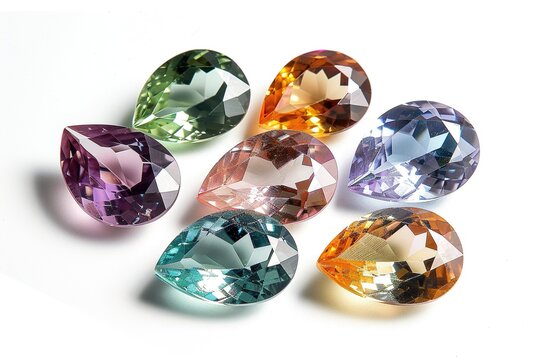 Jewel on white shine color, Collection of many different natural gemstones amethyst, lapis lazuli, rose quartz, citrine, ruby, amazonite, moonstone, labradorite, chalcedony, blue topaz