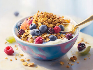 Granola with Yogurt, Berries Yogurt with granola and berries in a bowl