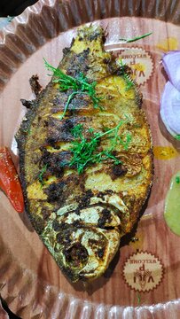 Tasty fish fry with Indian spices served on table
