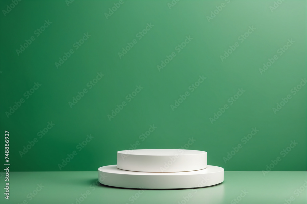 Poster Empty pedestal display on green background with blank stand for product show or presentation