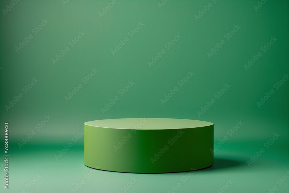 Poster Empty pedestal display on green background with blank stand for product show or presentation