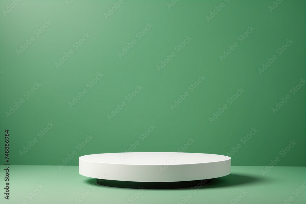 Poster Empty pedestal display on green background with blank stand for product show or presentation