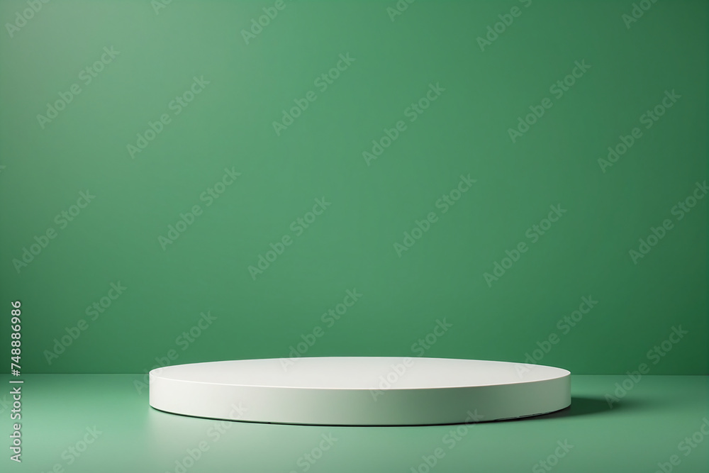 Poster Empty pedestal display on green background with blank stand for product show or presentation