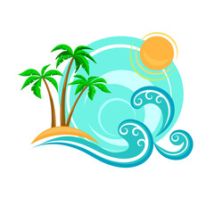 Fototapeta na wymiar Sea waves and tropical palm trees vector illustration, summer vacation emblem, icon, decorative element, sticker.