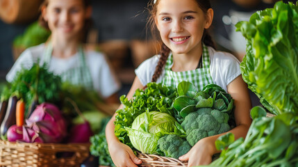 Young girls holding vegetables and greens baskets at a farmers market booth 