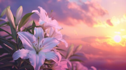Fototapeta na wymiar Lilies at Sunset with Pastel Sky Background, White lilies bask in the soft light of a setting sun, with a pastel-colored sky creating a tranquil and romantic backdrop.