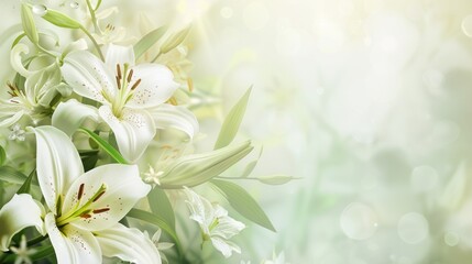 White Lilies with Soft Bokeh Light Background, An elegant bouquet of white lilies blooms beautifully against a soft, light-dappled bokeh background, symbolizing purity and serenity.