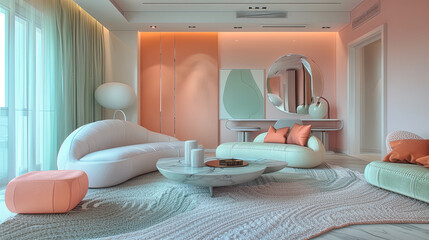 Luxury interior with pale peach ottoman and white sofa. Quiet luxury concept.