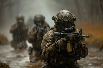 special forces squad advancing on the battlefield - obrazy, fototapety, plakaty