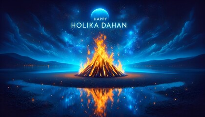 Wallpaper for holika dahanwith a large vibrant bonfire at night with dark blue tones. - obrazy, fototapety, plakaty