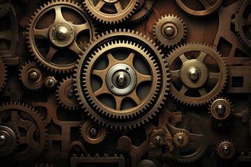 Fototapeta na wymiar From above technical texture of steampunk gears on dark brown background