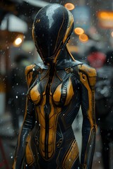 A woman wearing a black combat uniform equipped with strange, cutting-edge alien technology.
