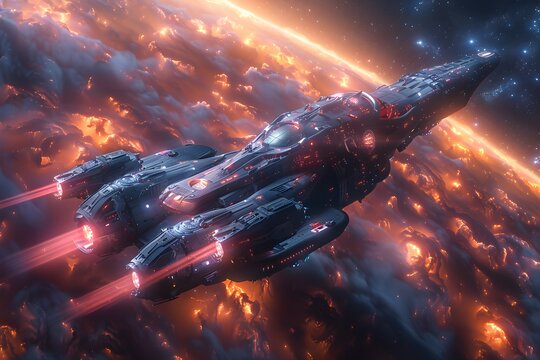 A spaceship equipped with cutting-edge alien technology flies through space.