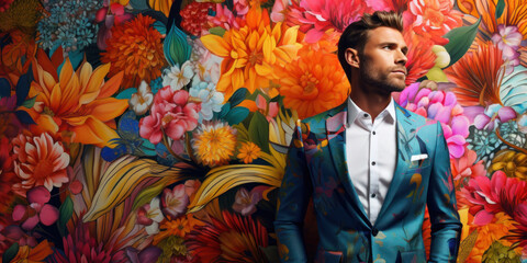 A man in a business suit stands against a floral wall background. Spring fashion banner concept.