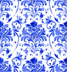 watercolor seamless pattern with blue damask ornament. classic vintage ornament