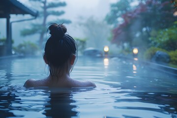 Woman enjoying an open-air bath at dawn at a luxury resort - obrazy, fototapety, plakaty