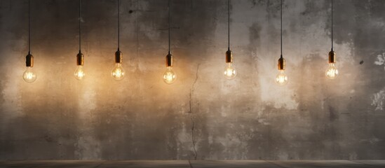 A group of light bulbs is hanging from the ceiling in a room with concrete walls and flooring. The light bulbs are illuminated, casting a bright glow in the space.