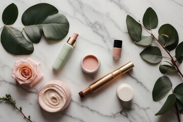 Photo assortment of plantbased beauty products with rose oil or rose extract on pink background
 - obrazy, fototapety, plakaty