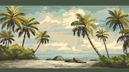 illustration of a beach with palm trees, clouds, in pastelle color. Generative AI