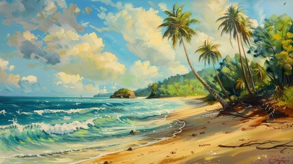 Fototapeta na wymiar oil painting illustration of a sunny summer beach with palm trees, sand, waves, and cloudy sky. Generative AI