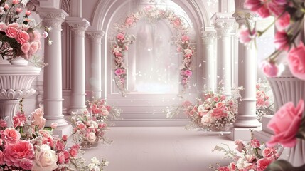 wedding background illustration of dreammy pink hall with pillars and flowers. Generative AI