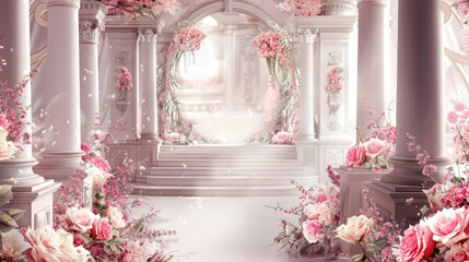 wedding background illustration of dreammy pink hall with pillars and flowers. Generative AI