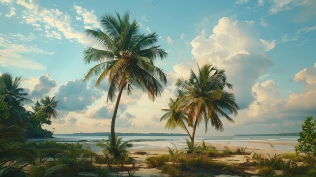 sunny sandy beach photograph with palm trees clouds and waves. Generative AI