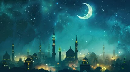 beautiful silhouette of arabic mosque with cloudy and starry blue night sky and crescent moon. Generative AI
