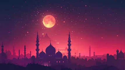 Foto op Plexiglas beautiful silhouette of arabic mosque with starry purple sky, plexus and full moon. Generative AI © aris