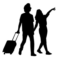 silhouettes of people with suitcases. Travelling couple silhouette vector illustration - obrazy, fototapety, plakaty