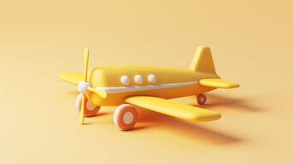 simple 3d illustration model of a yellow propeller airplane toy on yellow background and studio lighting. Generative AI