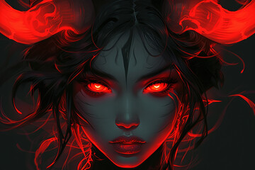 A fierce goddess with red horns and glowing eyes