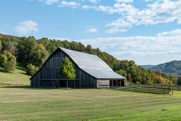 Obraz premium Rustic barn in verdant farmland under blue sky