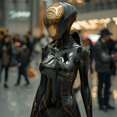 A woman wearing a black combat uniform equipped with strange, cutting-edge alien technology. - obrazy, fototapety, plakaty