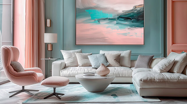  Luxury interior with pale pink armchair and white sofa. Quiet luxury concept.
