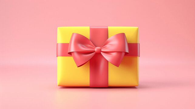 Minimalistic picture of a yellow giftbox with a pink bow on a pink color background.