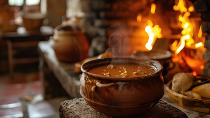 rustic kitchen scene with a traditional clay pot simmering Champurrado over an open flame, evoking nostalgia for homemade comfort